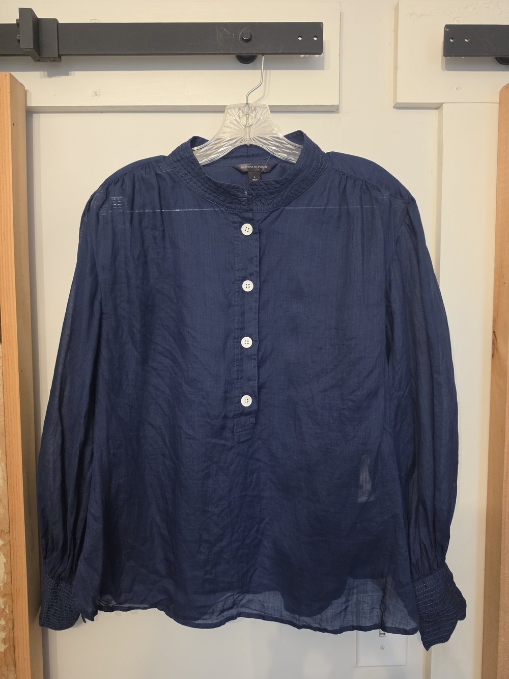 Banana Republic Navy Button-Front Sheer Band-Collar Blouse (L)